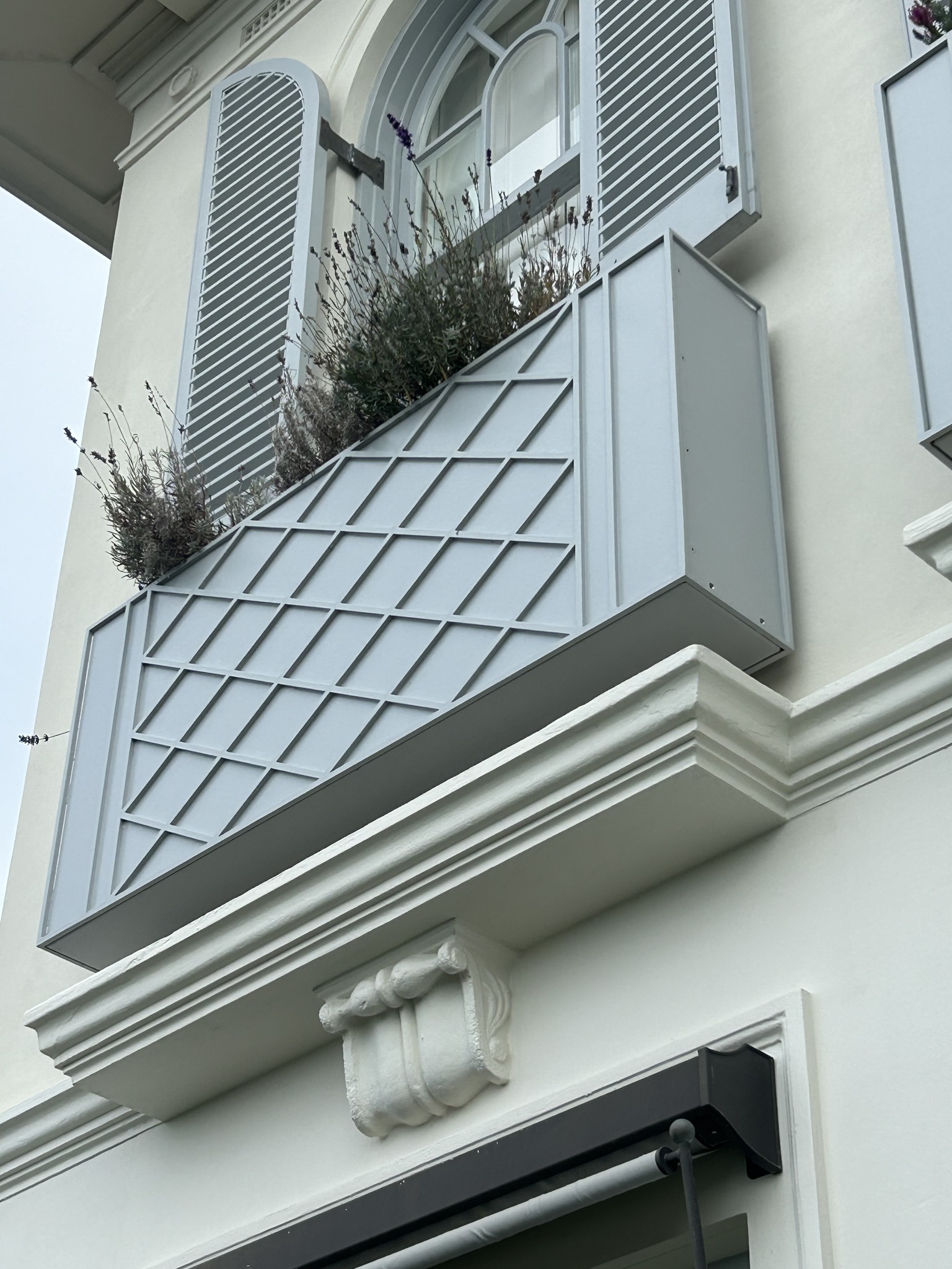 Elevated steel planter box viewed from ground level.